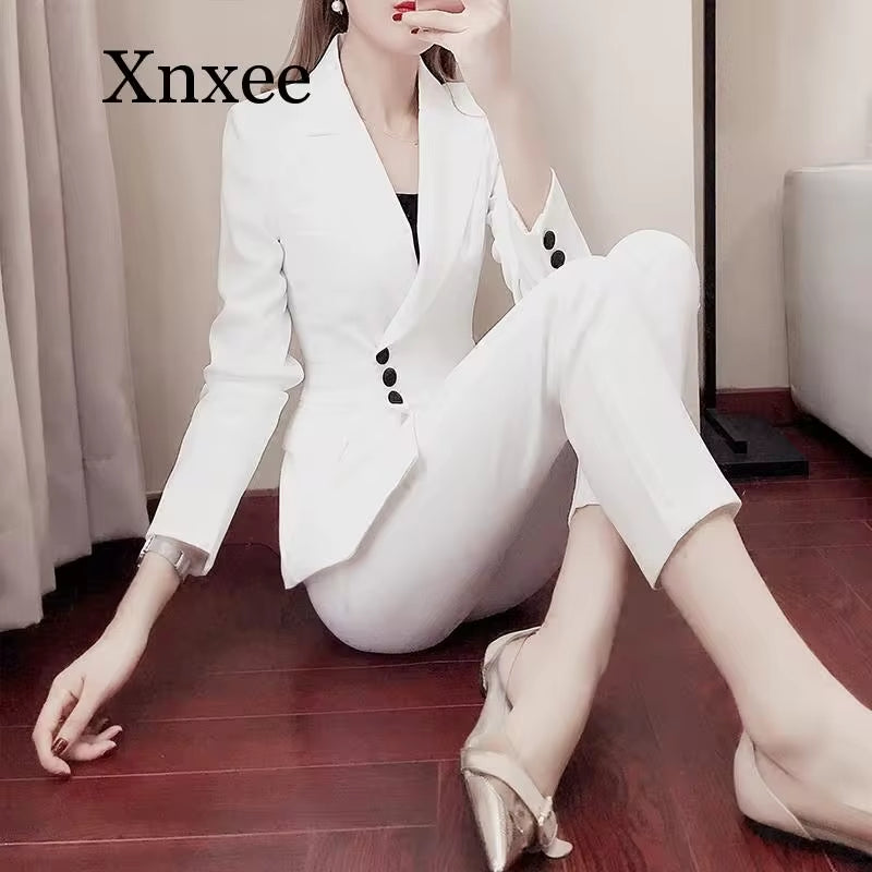 Autumn Elegant White Suit Blazers Women'S Professional Casual Suit Two-Piece Suit Pant Suits Formal Office Lady Blazer Set Woman