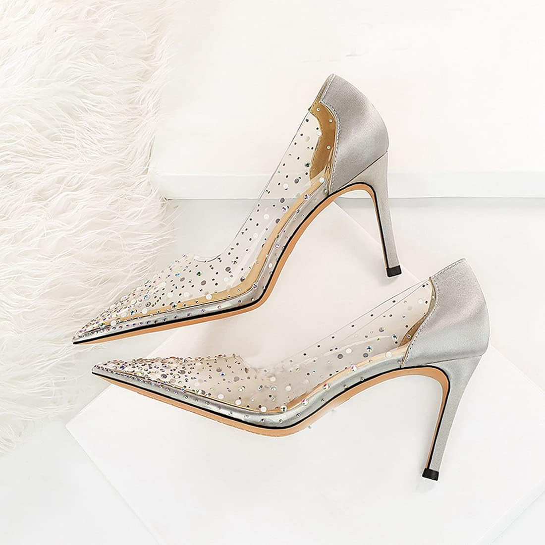 Party Shoes for Women Sexy Pointed Toe Sparkle Transparent Pumps Shoes