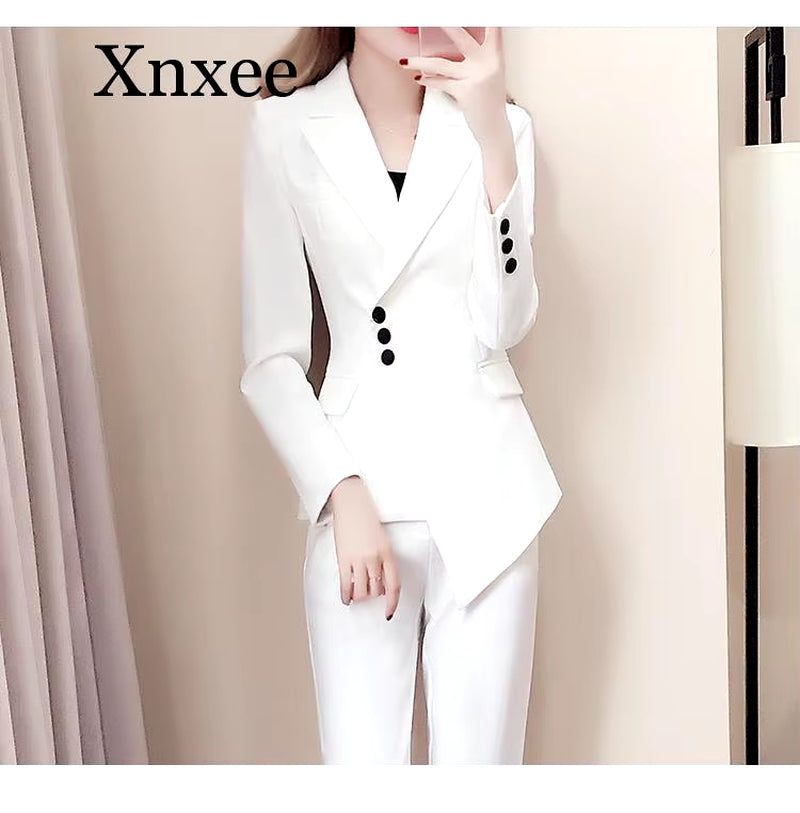 Autumn Elegant White Suit Blazers Women'S Professional Casual Suit Two-Piece Suit Pant Suits Formal Office Lady Blazer Set Woman