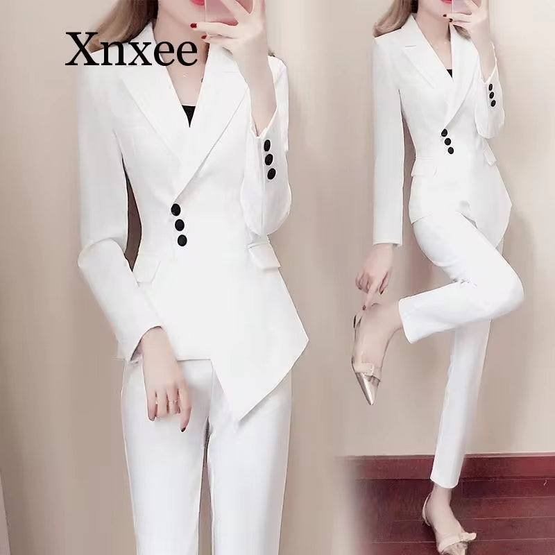 Autumn Elegant White Suit Blazers Women'S Professional Casual Suit Two-Piece Suit Pant Suits Formal Office Lady Blazer Set Woman