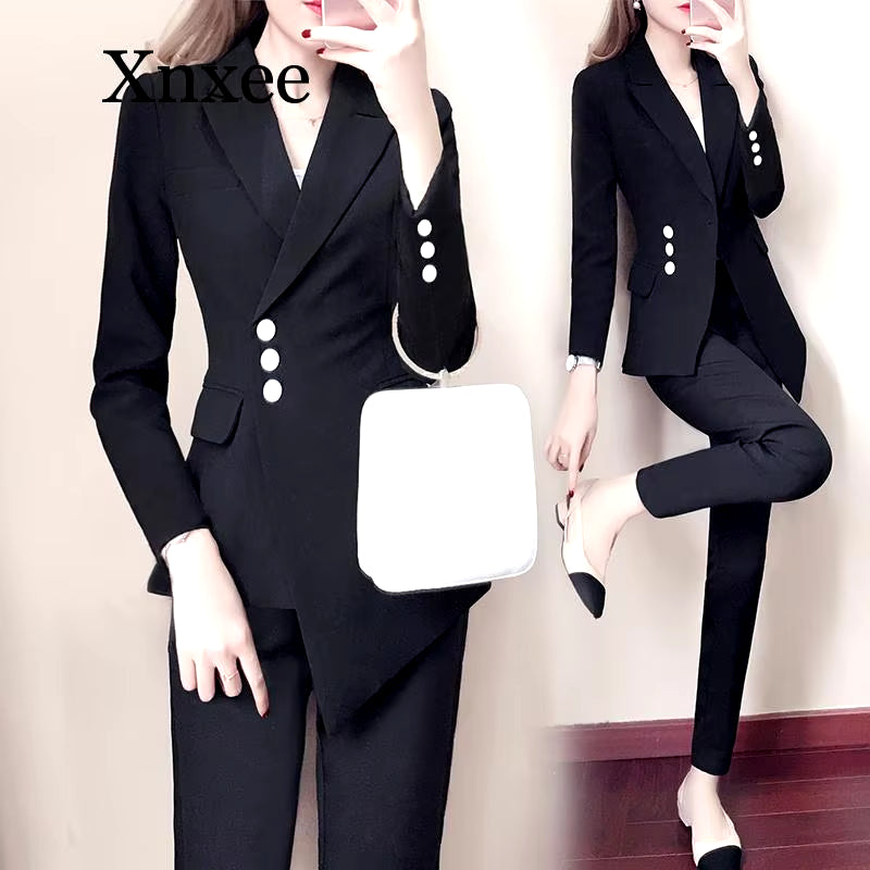 Autumn Elegant White Suit Blazers Women'S Professional Casual Suit Two-Piece Suit Pant Suits Formal Office Lady Blazer Set Woman