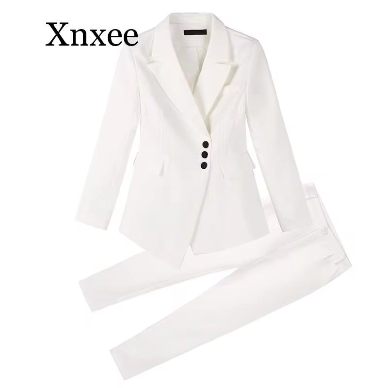 Autumn Elegant White Suit Blazers Women'S Professional Casual Suit Two-Piece Suit Pant Suits Formal Office Lady Blazer Set Woman